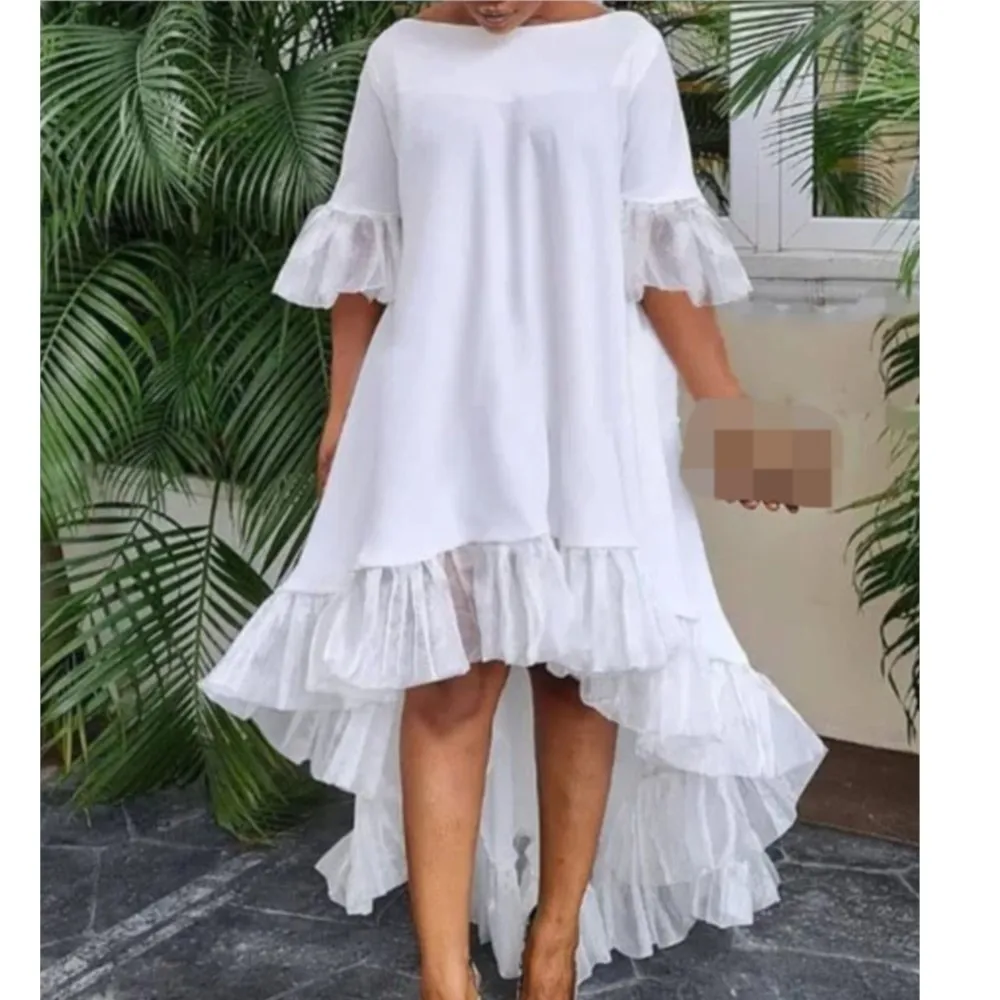 

Lace Patchwork Half Sleeved Dress For Women's Spring Summer New Style Solid Color Loose Irregular Hem Holiday Party Dress