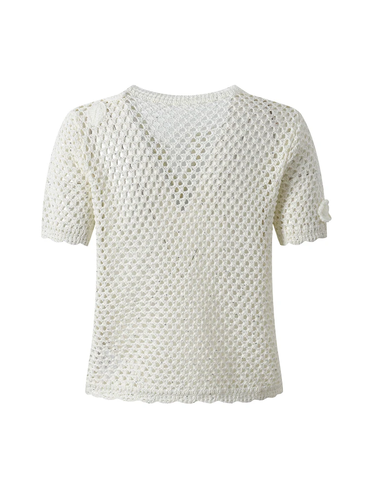 Luksusowy europejski kardigan dziergany z otwartym krojem, bogaty haft, ażurowy wzór z trójwymiarowymi kwiatami, uniwersalny.