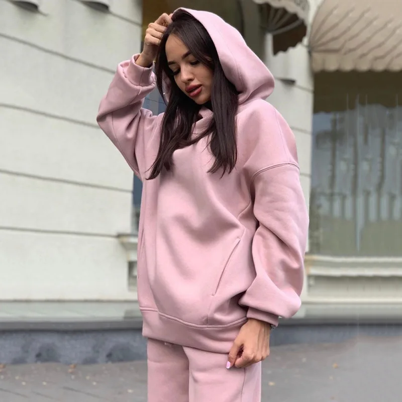 Faionable  Color Hoodie Sweatirt Casual Two-Piece Set Street Sle High Waist Dr Thi Long Sve for Autumn Winter