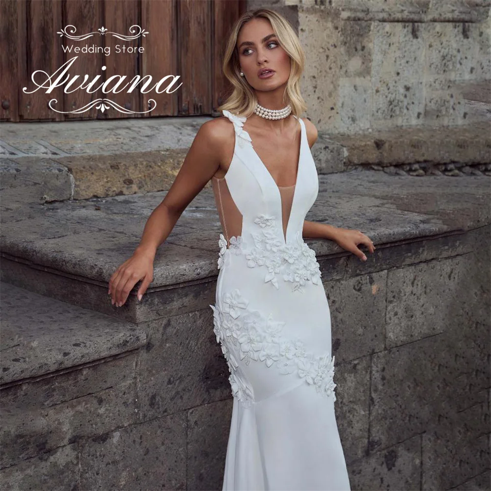 Aviana Customized Simple V-Neck Mermaid Wedding Dress Appliques Embroidery Backless Sleeveless Flower Spaghetti Strap Morden
