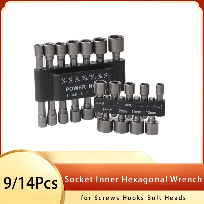 9/14 Pcs Socket Inner Hexagonal Wrench Kit Strong Sleeve Pneumatic Screwdriver Power Drill Adapter Tool for Screws Hooks Bolt