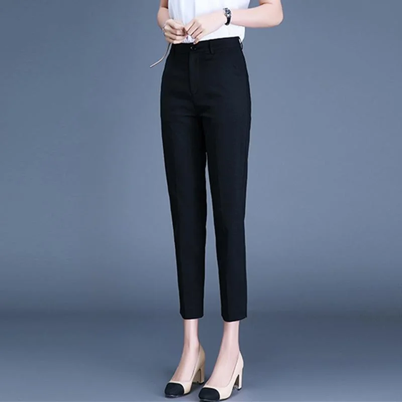 Spring Summer New Style High Waist Slim Fit Split Women's Black Nine Point Pants Straight Leg Casual Trousers for Ladies