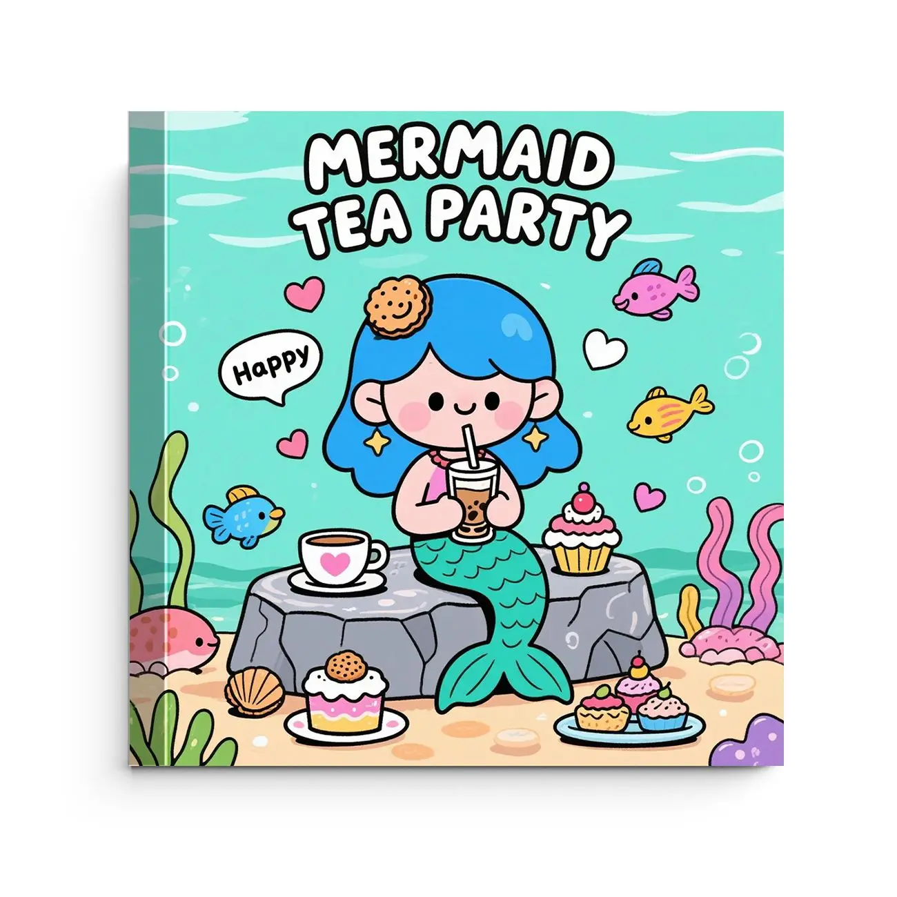 Libro para Colorear de Sirena con Temática de Fiesta del Té, Sirena de Pelo Azul, Roca, Fondo Marino, Pastel, Café y Océano