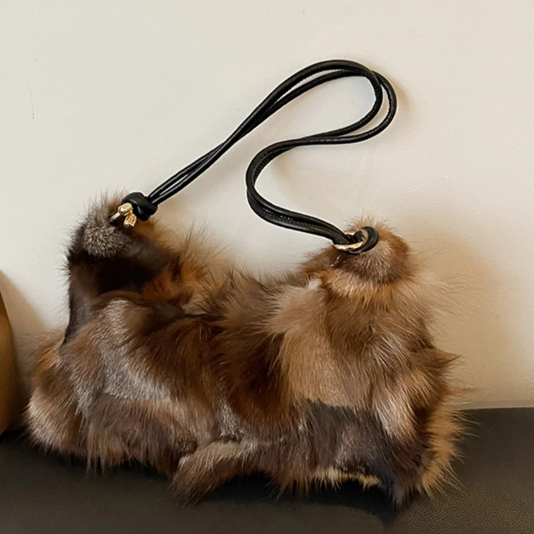 Winter Warm Fox Fur Shoulder Hobo Bags For Women Latest Luxury Designer Purses And Handbags Elegant Evening Bag For Dinner Party