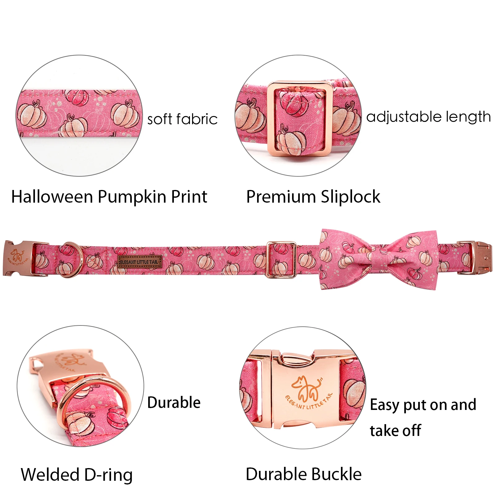 Elegant little tail Dog Collar with Bow, Halloween Pumpkin Bowtie Dog Collar, Adjustable Dog Collar Bow Pet Gift Collars