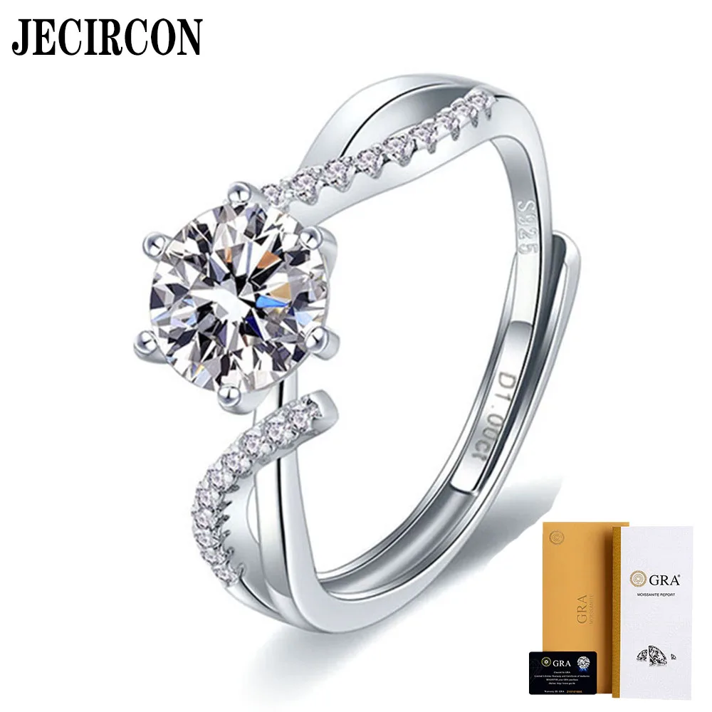 

JECIRCON S925 Sterling Silver Open Ring Classic Cross Twisted Arm 6 Claws 2ct Moissanite Wedding Band for Women Simple Versatile