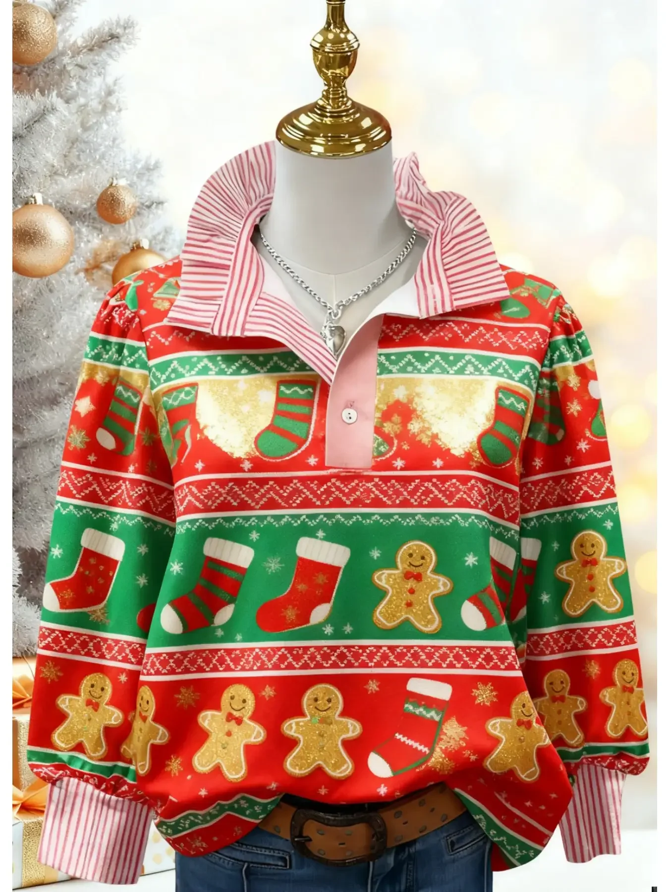 Ladies' Spring and Autumn Winter Collection Women's Stand up Collar Long Sleeve Shirt, with Exquisite Printed Santa Claus