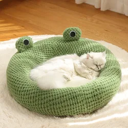 Round Frog Plush Cat Dog Bed Winter Cat House Indoor Villa Cushion Sleeping Bed Dog Kennel Home Pet Supplies Nest Accessories