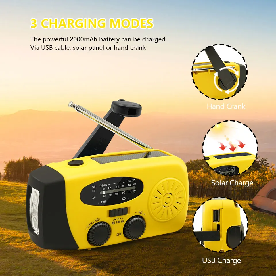 Emergency Portable Radio 2000mAh Solar Hand Crank Cell Phone Charger AM/FM Radio LED Flashlight Outdoor Indoor Light Night