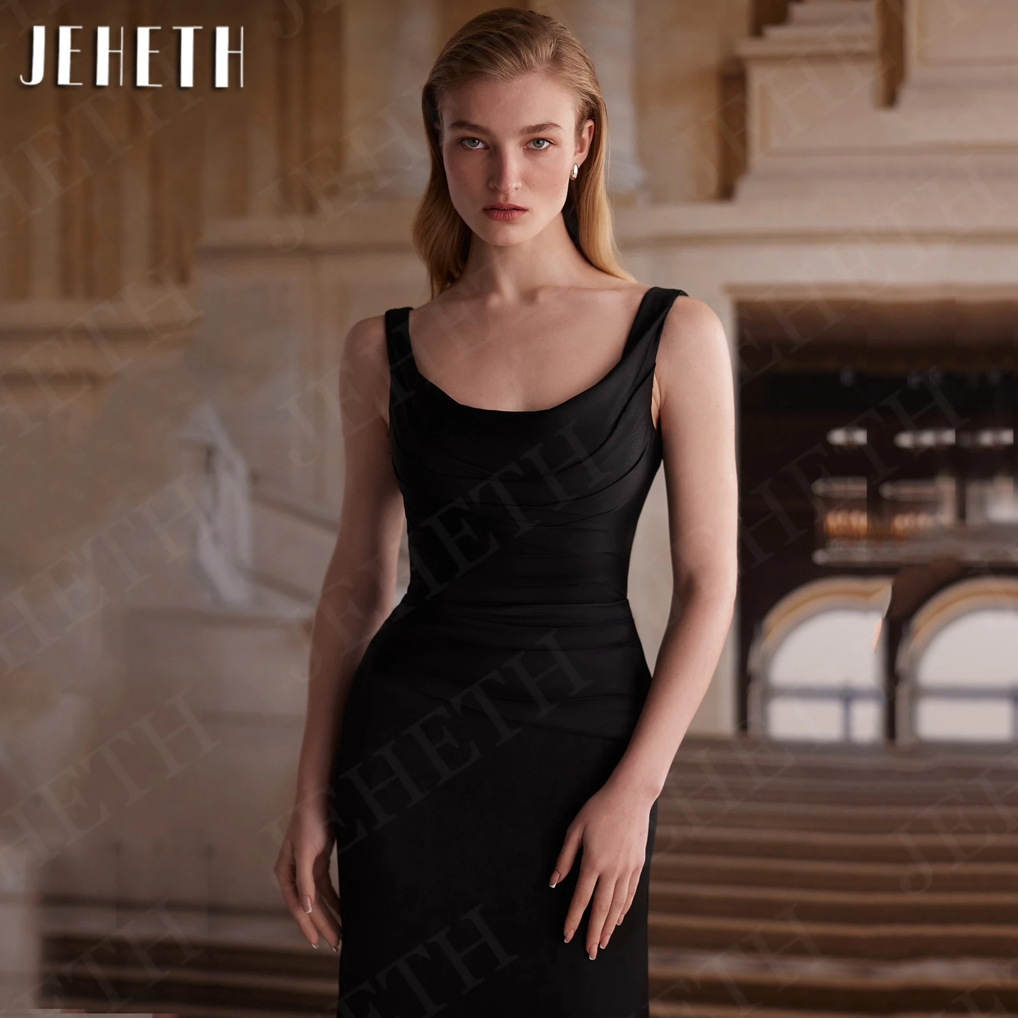 JEHETH Unique Black Mermaid Evening Dress Satin Pleats Sleeveless Bespoke Occasion Dresses vestidos de fiestas elegantes mujer