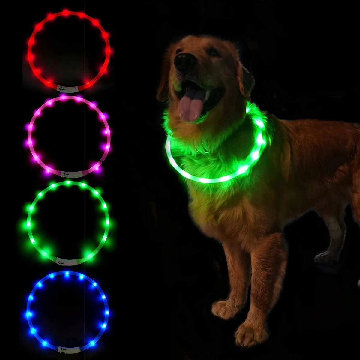 Rechargeable USB Rechargeable LED Dog Collar for Small, Medium and Large Dogs, 70 cm, Adjustable Length, 3 Modes Green