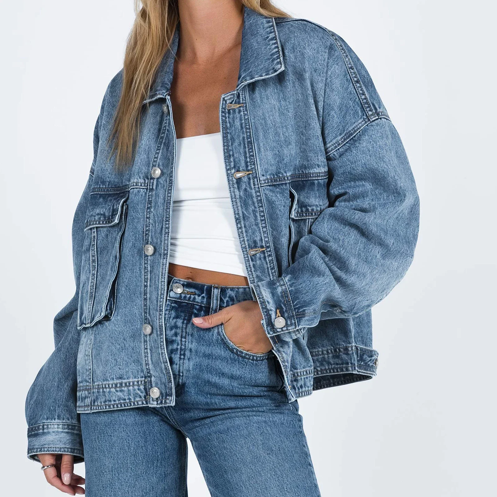 

Solid Spring Fall Jacket Vintage Streetwear Fashion Women Denim Jacket Long Sleeve Turn-down Collar Button Closure