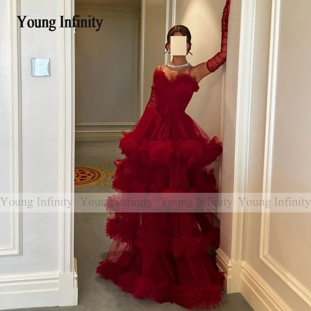 In Fashion Strapless Wine Red A Line Prom Dress 2024 Layers Ruffle Woman Long Evening Party Gown Saudi Arabia Custom Made Lady