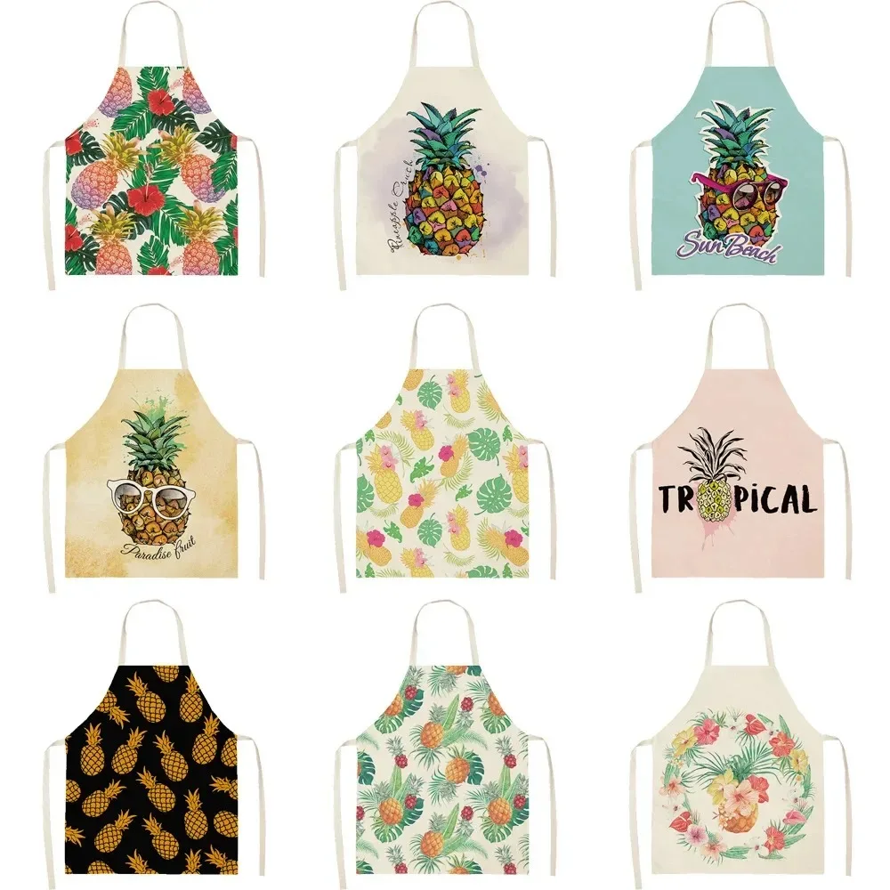 

Tropical Pineapple Linen Apron for Women Sleeveless Summer Fruit Cooking Baking Pinafore Kitchen Bib BBQ Party Workwear