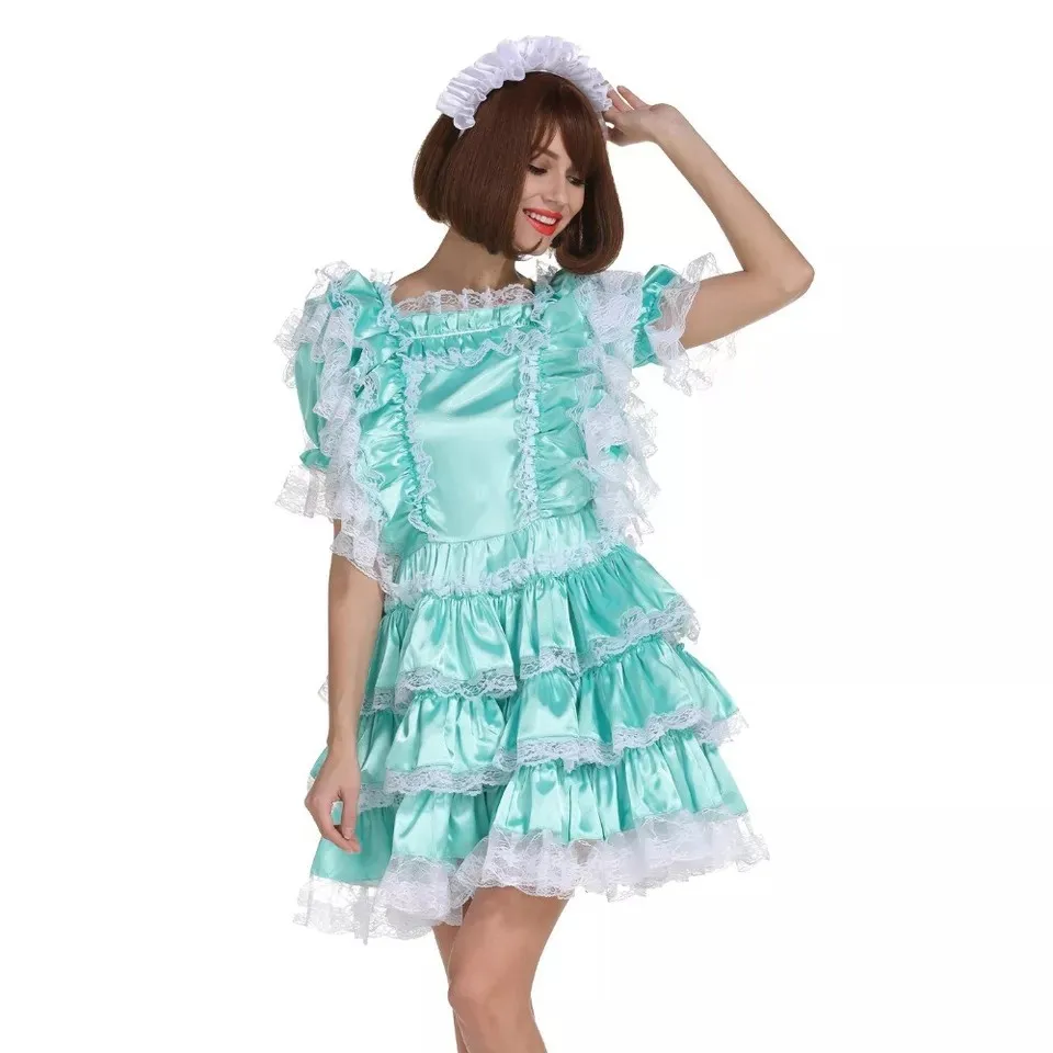 Sexy sissy French maid blue satin short sleeved lockable lace multi-layer ruffle edge dress maid cosplay costume customizable