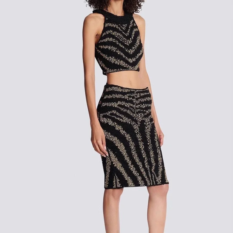 

Summer new women's round neck nail bead hanging neck knitted vest y2k high-quality fashionable and sexy slim fit short skirt set