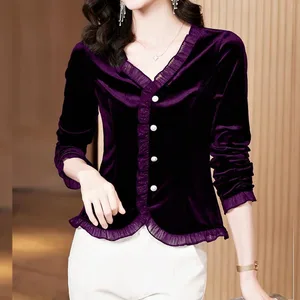 High quality gold velvet long sleeve female temperament blouse with neckline in V Korean dark colors lace nail unique granule 10 Main Sales Golden Blouse - №7