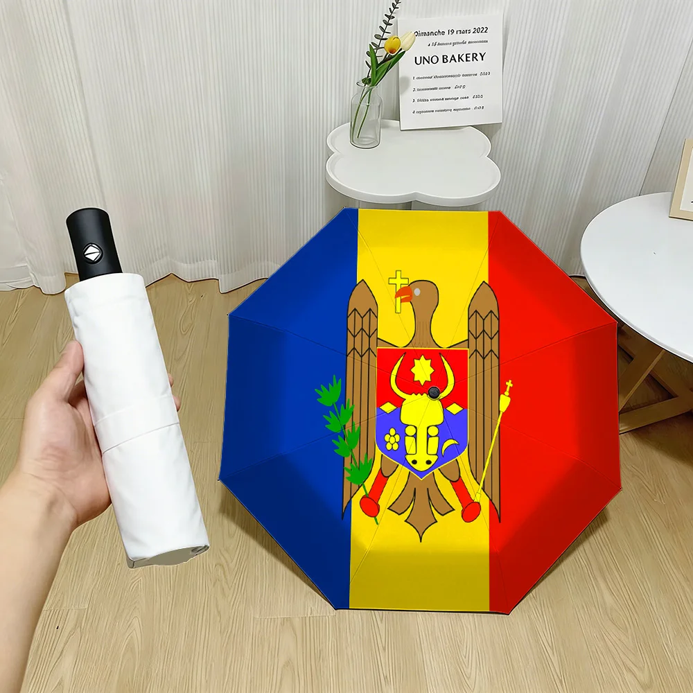 

Автоматический складной зонт с принтом национального флага Молдовы (сине-желто-красные вертикальные полосы) и гербом с орлом, водонепроницаемый, ветрозащитный, компактный