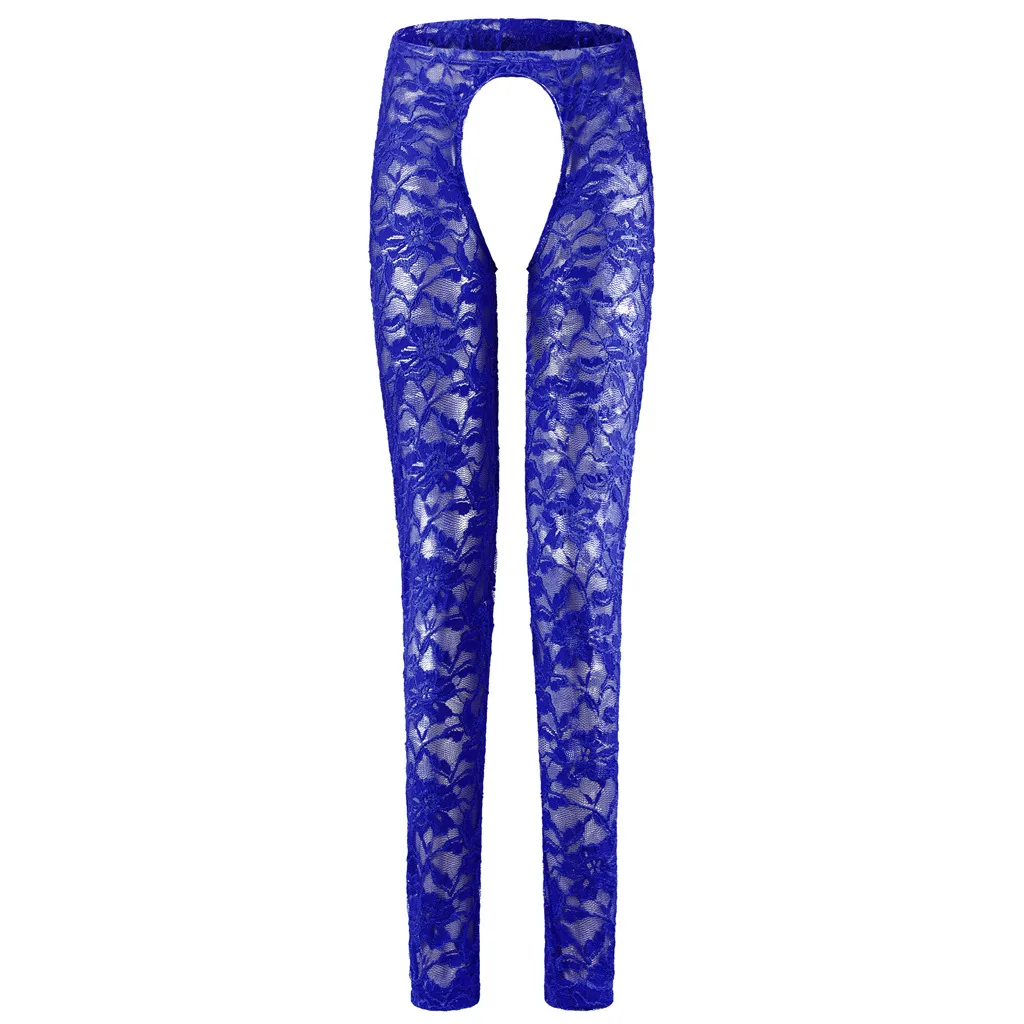 Men's Floral Lace Crotchless Sheer Pants, Open Crotch Transparent Lingerie Leggings - view 3