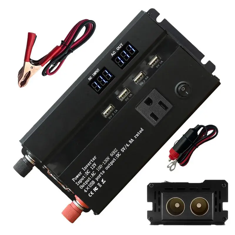 12V Power Inverter 4 USB Ports DC To AC Converter LCD Display 3000W Power Inverters For Vehicles Fast Charging Car Adapter With