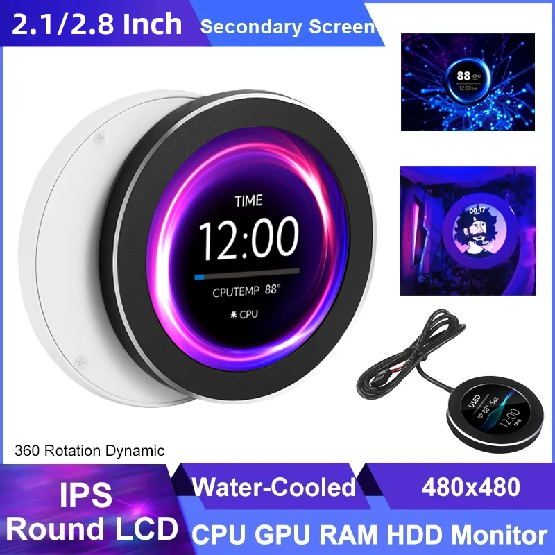 2.1 2.8 인치 IPS 보조 화면 480x480 USB 수냉식 원형 LCD CPU GPU RAM HDD 모니터링 AIDA64 미니 PC 게이머 디스플레이 없음