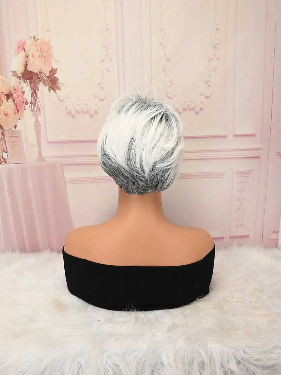 Grey White Mixed Short Layered Bob Synthetic Wig