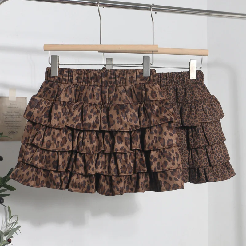 Sexy Leopard Print Fluffy Lotus Leaf Edge Cake Skirt Women's Autumn and Winter New Skort Skirt