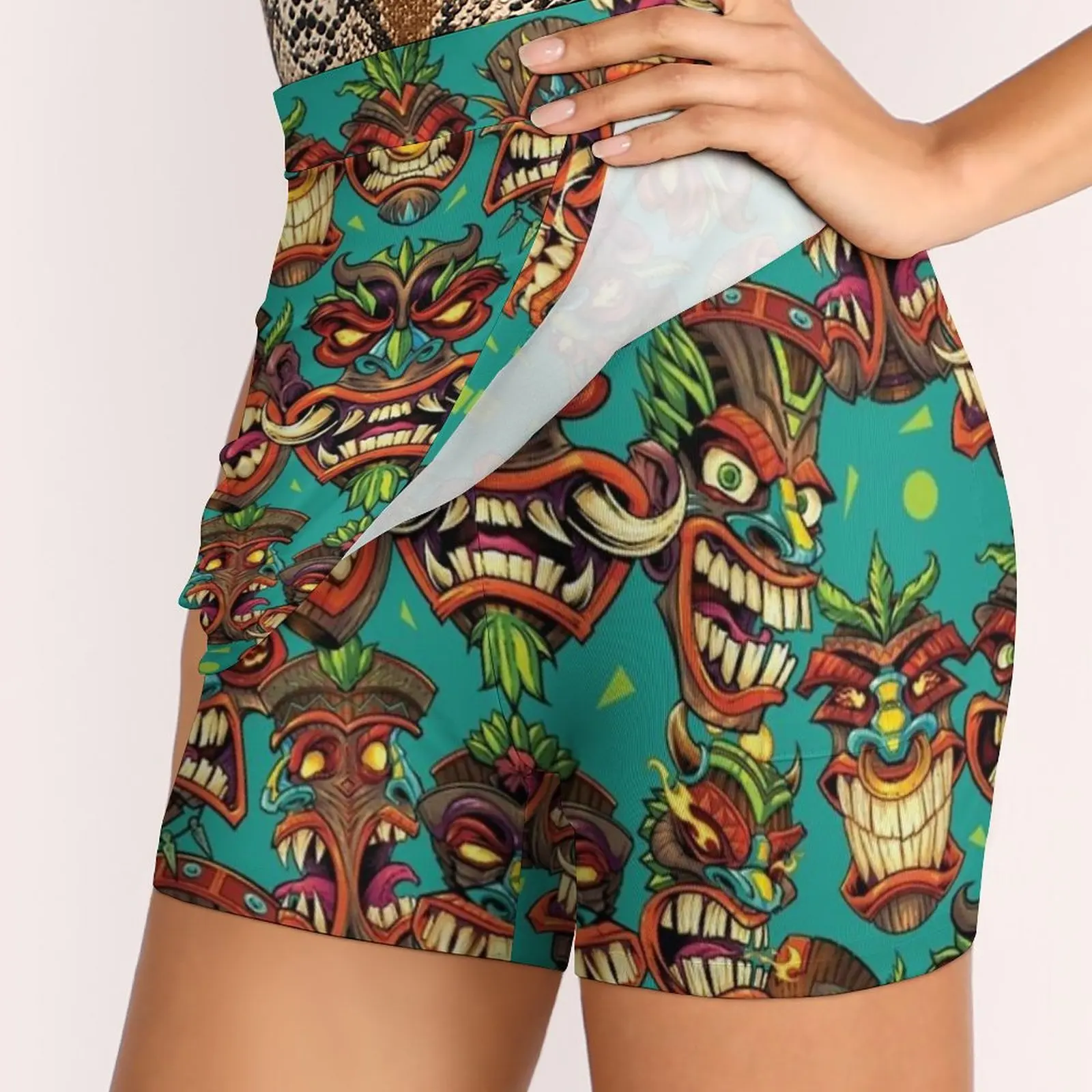 Falda con patrón de repetición de cabeza Tiki para mujer, ropa de verano Y2K, falda de pantalón estilo Kpop con bolsillo, licencia de playa Tiki, 2022