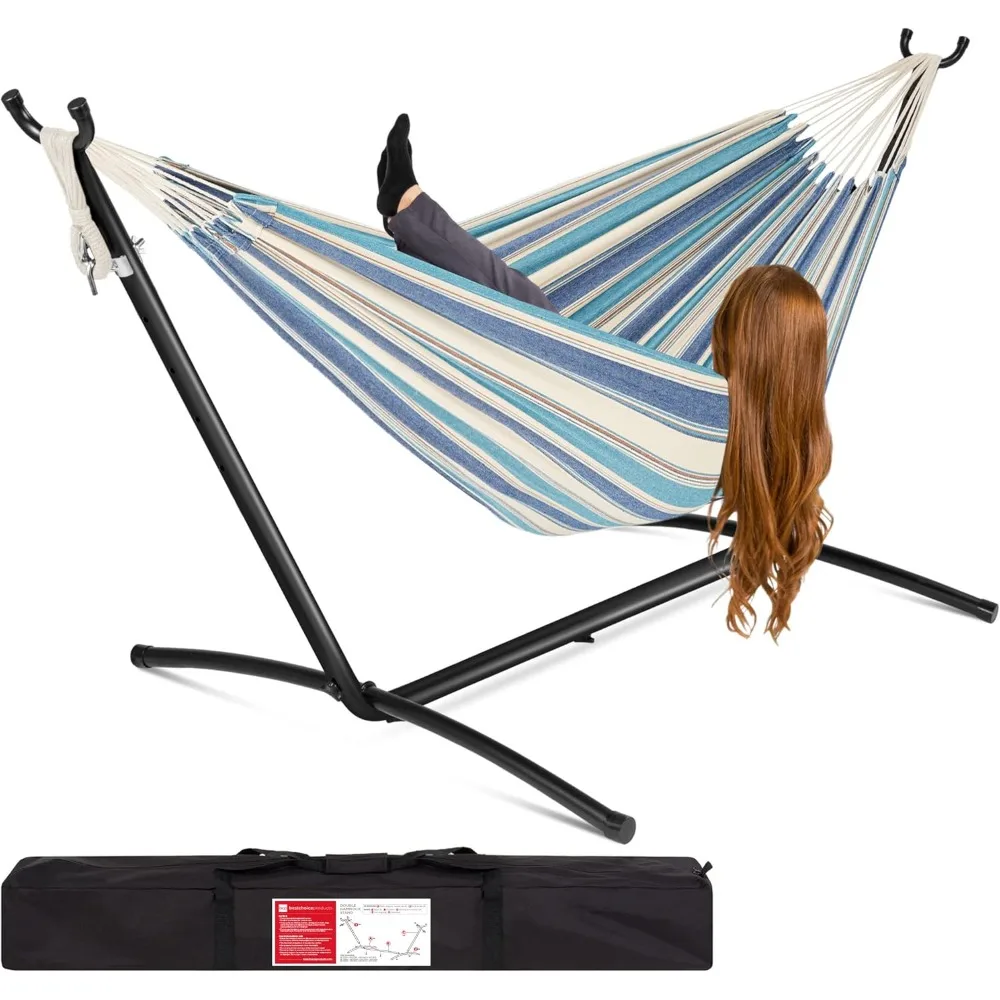 Double Hammock with Steel Stand, Indoor Outdoor Brazilian-Style Cotton Bed w/Carrying Bag, 2-Person Capacit