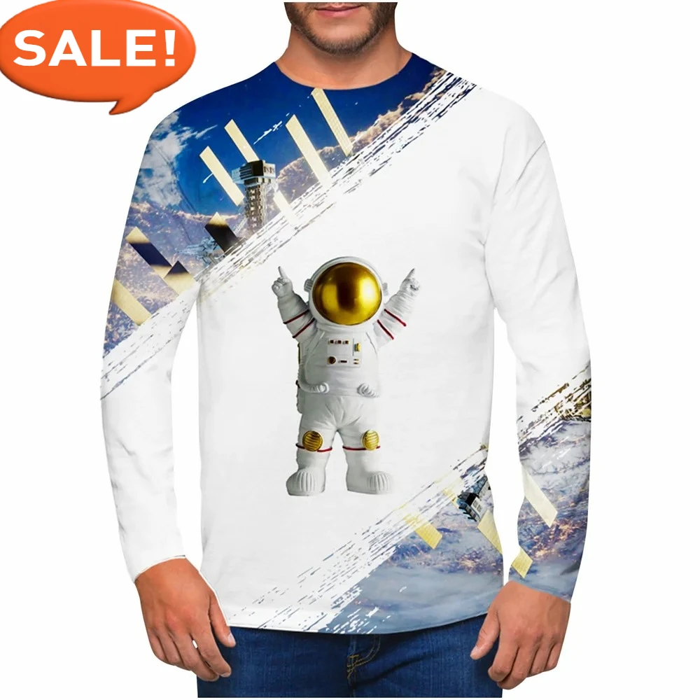 

Astronaut Print Men's Long Sleeve T-shirt Men's Clothing Fashion Casual Hip Hop Creative Pullover Oversized Y2K Streetwear