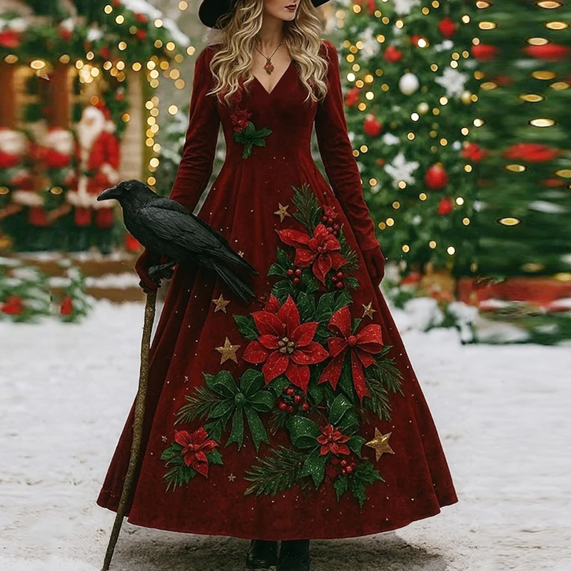 가을 겨울 여성 크리스마스 프린트 드레스 파티 드레스 축제 빈티지 브이넥 긴팔 캐주얼 롱 드레스 분위기 있는 옷