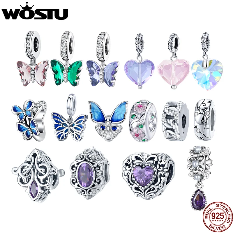 WOSTU Authentic 925 Sterling Silver Heart Flowers Butterfly Beads Charms Pendant Fit Bracelets Women Party DIY Fine Jewelry Gift