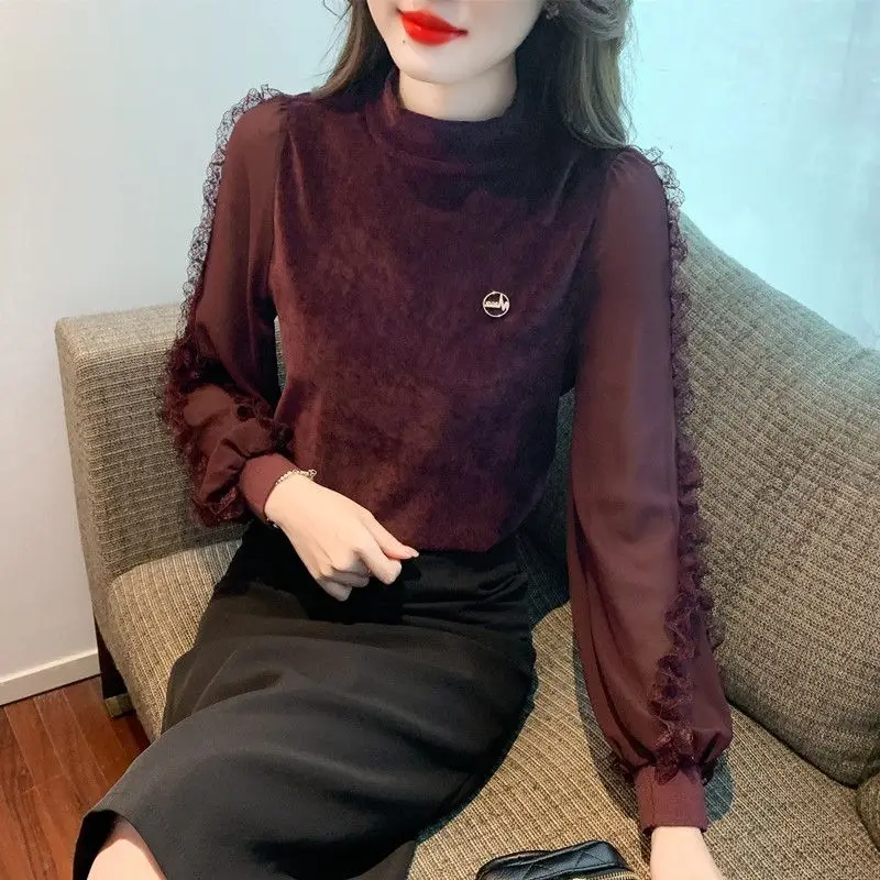 Temperament Autumn Women's Solid Stand Collar Lace Knit Edible Tree Fungus Fashion Office Lady Long Sleeve Bottoming Shirt Tops