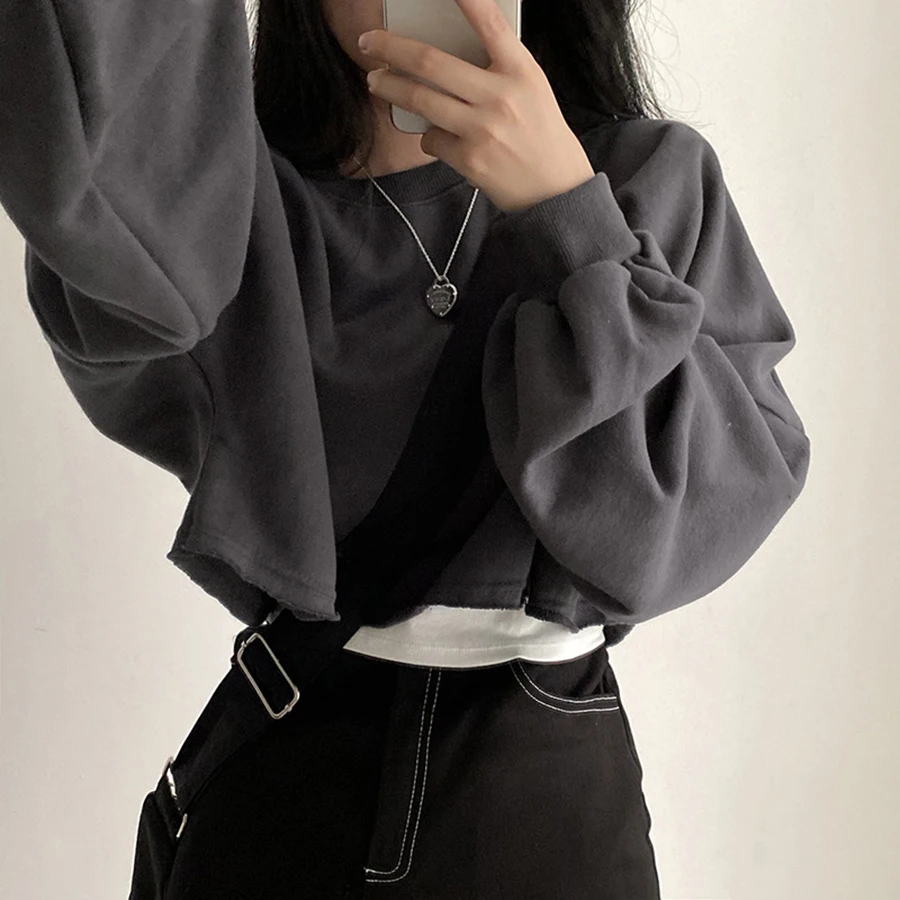 Spring Fashion Crop Tops Women Korean Loose Solid Color Pullovers Casual O-neck Black Short Sweatshirts Female