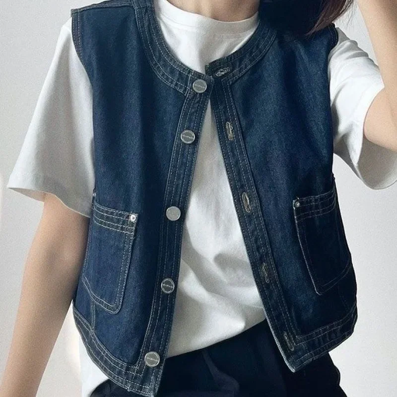 Fashionable Loose-fit Women's Denim Vest 2024 Summer Korean Style Single-breasted Casual Sleeveless Shoulder Vest