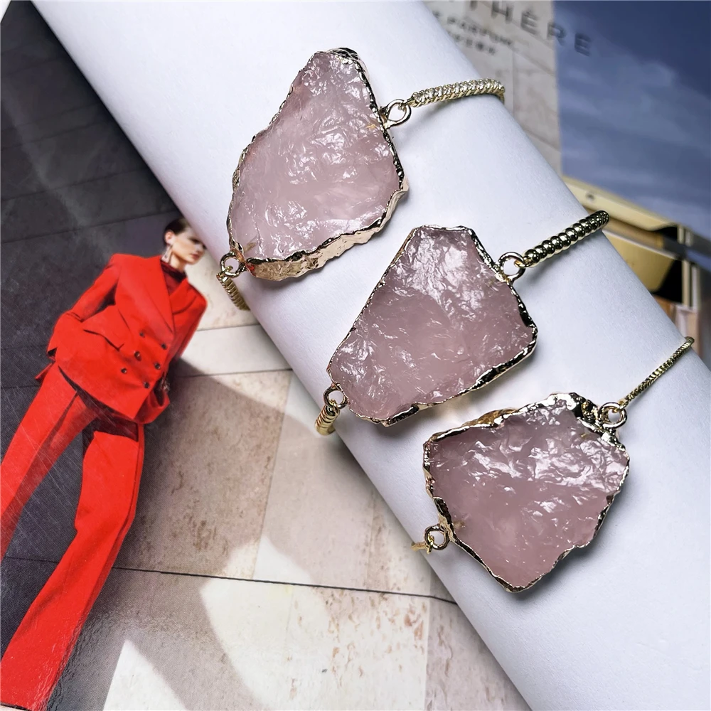

shinygem wholesale unique handmade hammering surface craft natural rose quartz crystal bracelet jewelry women