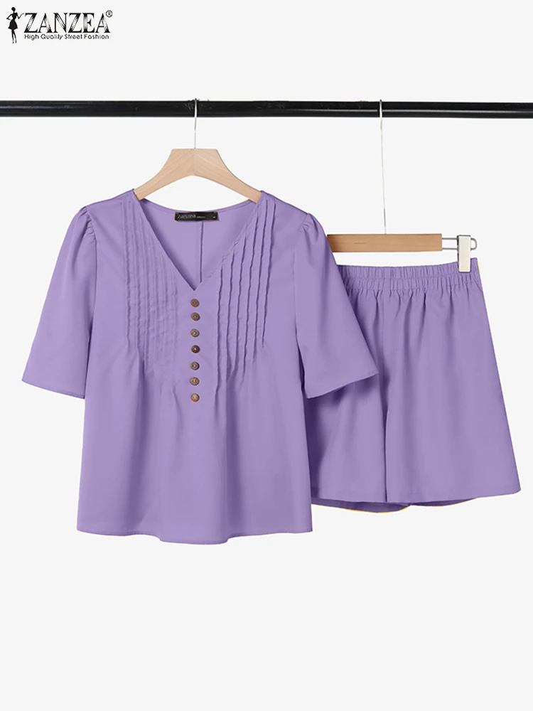 

ZANZEA Short Sleeve V-Neck Pintuck Tops Loose 2 Pieces Short Sets Woman Casual 2025 Summer Wide Leg Shorts 2 Piece Outfits Suits