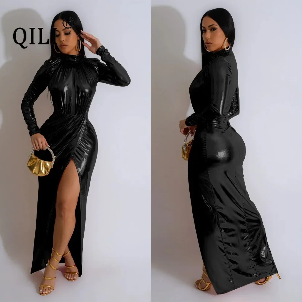 QILI-Hollow Out Fold Dress for Women, Gold Plated, Long Sleeve, Rhinestone, Sexy, Monochrome