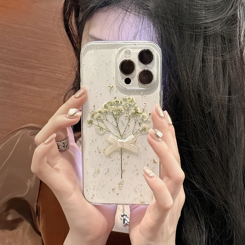 3D Bow Dry Flower Transparent Phone Case for iPhone 15 Pro Max 14 Plus 13 Mini 12 11 Xsmax Xr 8Plus Fall Protection Case
