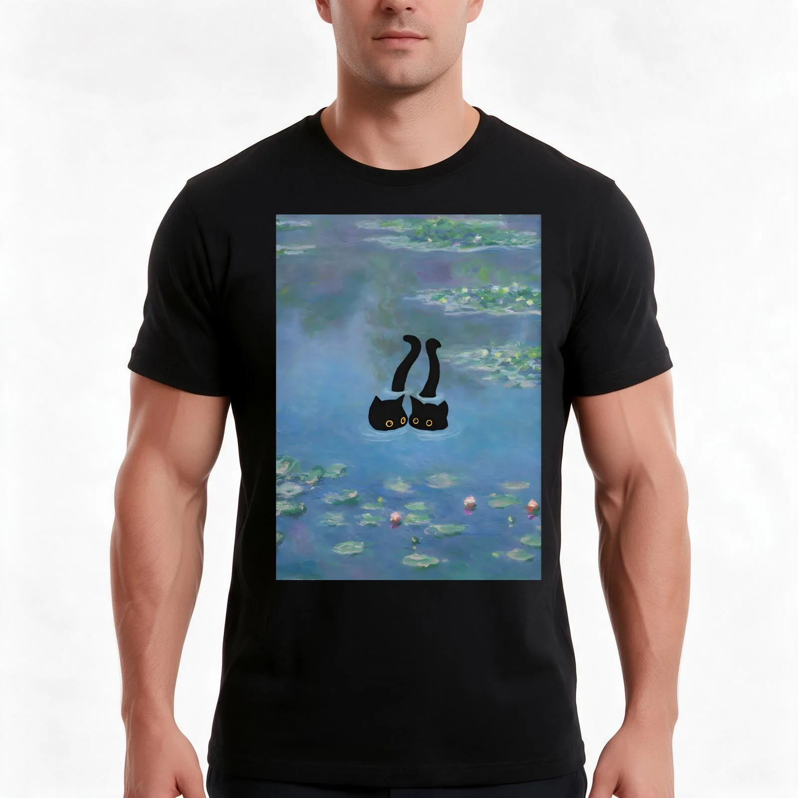 Two Cat Print Monet Waterlily T-Shirt, Summer Casual Cotton Tee, Oversized Streetwear Tops, Vintage Graphic Print, 100% Cotton