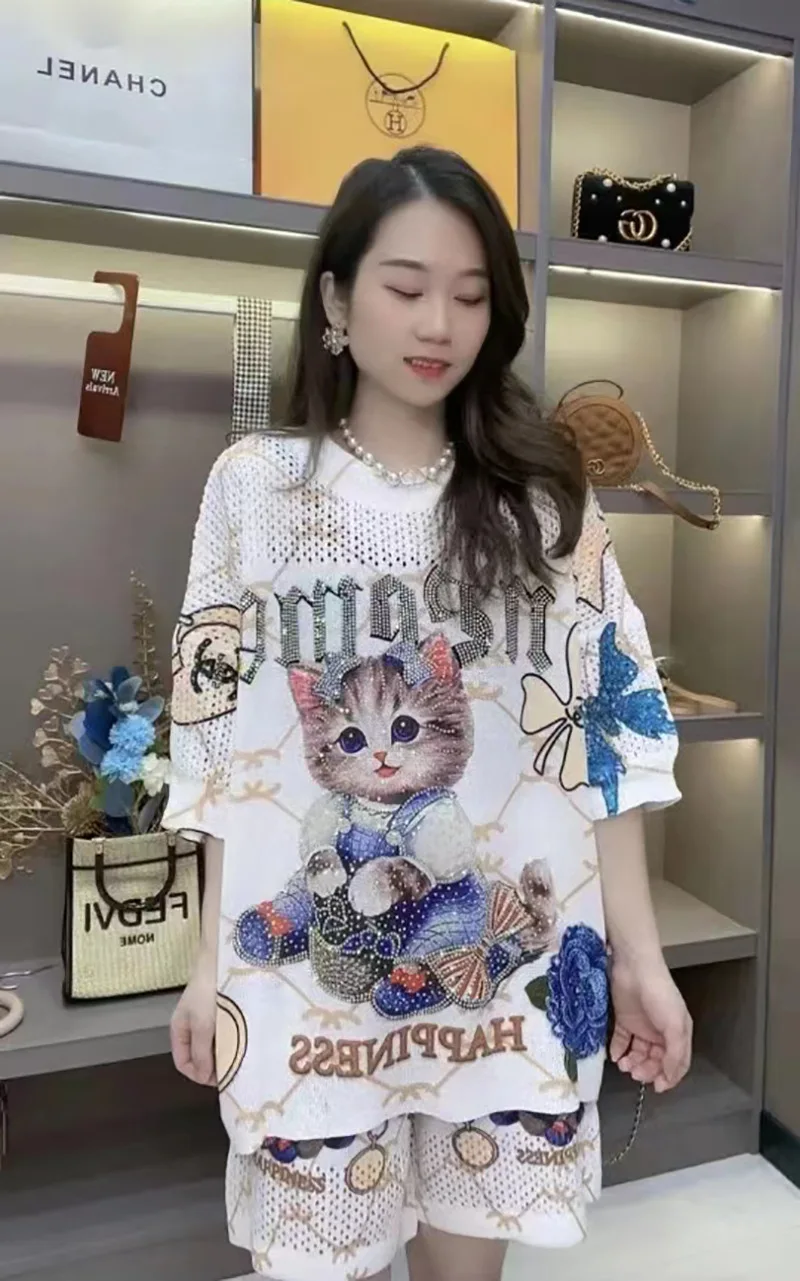 Fashion Two Piece Sets Womens Outfits Cartoon Pattern Printed Diamonds Tracksuit Casual Knitting костюм шорты и футболка женский