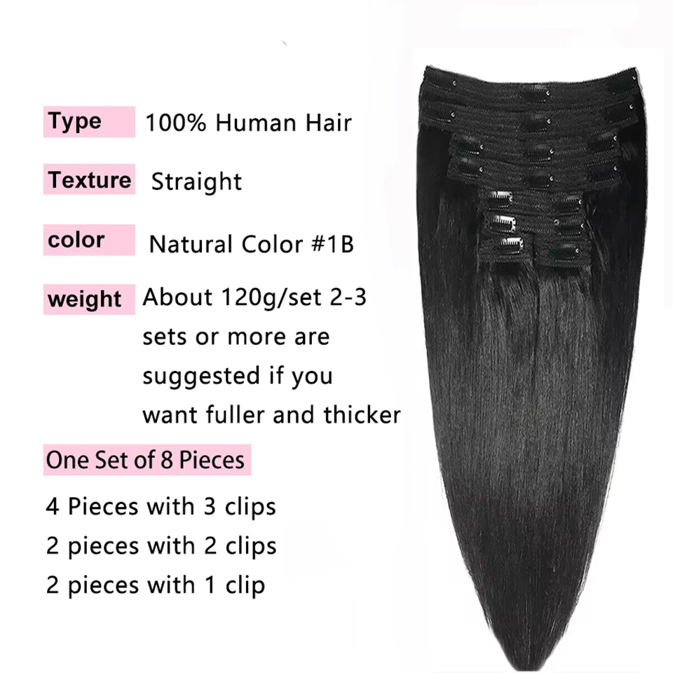 8Pcs/Set Clip In Hair Extensions Straight Human Hair Brazilian Clip In  Natural Black Color Clip Ins 22 26 Inch 120G Remy Hair