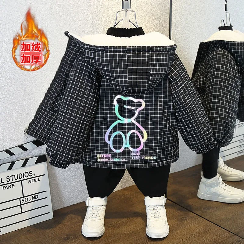 Boys Cartoon Bear Jackets Winter Plush Thick Warm Coat Girl Windbreaker Outerwear Kids Clothes Christmas Birthday Gift 2024 New