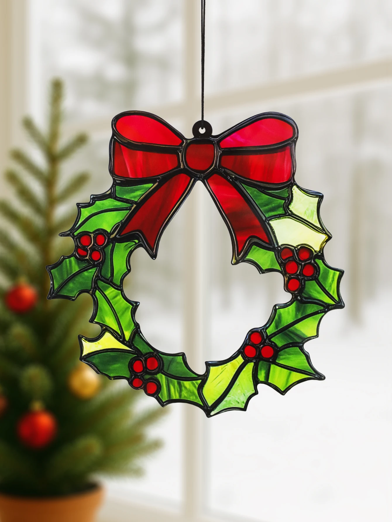 Green Christmas Acrylic Holly Wreath Ornament with Red Bow, Hanging Window Decor, Festive Xmas Tree Decoration for Home & Party