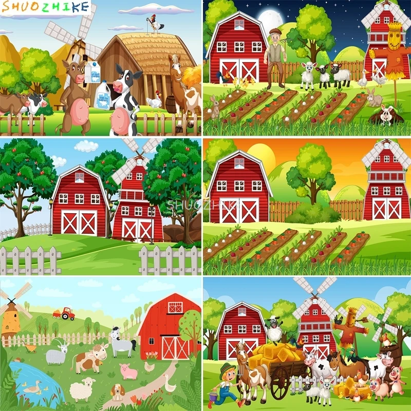 

Farm Scene Old Farmer Man And Cute Animals Photography Backdrops Red Barn Windmill Dairy Cow Birthday Party Background NC-01
