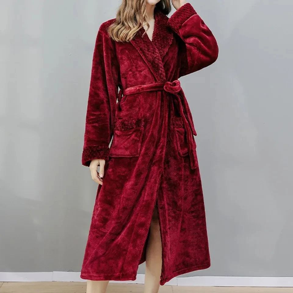 Winter Thick Coral Fleece Robe For Women Bathrobe Sexy Lady Soft Long Kimono Robe Long Sleeve Sleepwear Warm Flannel Nightwear