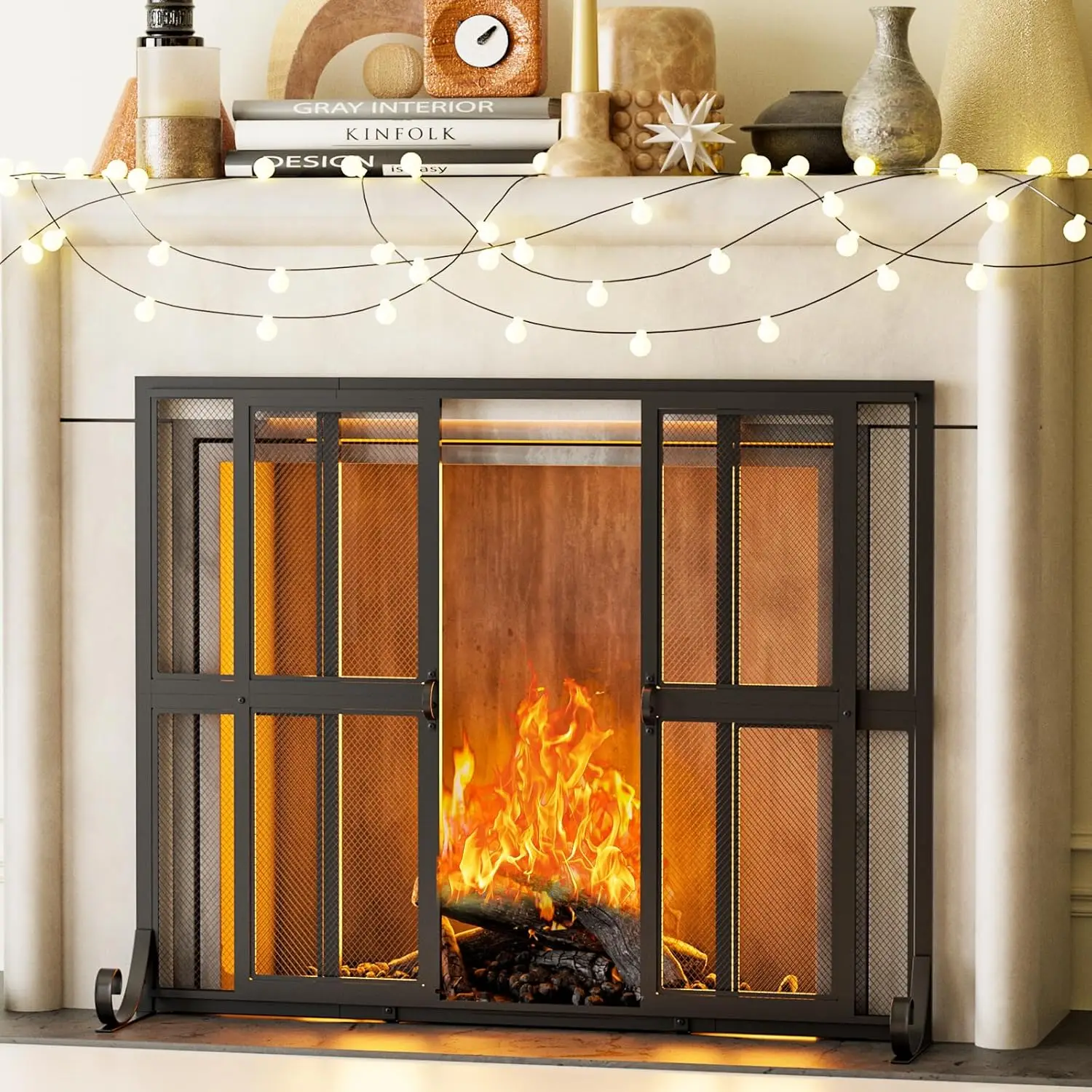 

Fireplace Screen with Sliding Doors, 37.8" W x 30.7" H Handcrafted Wrought Iron Fire Spark Guard Fire Place Gate Protector f