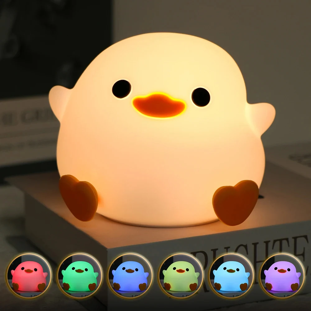 Luz LED nocturna con bonito pato, decoración de animales de dibujos animados, lámpara de silicona para niños, Sensor táctil, temporizador, recargable por USB para cumpleaños