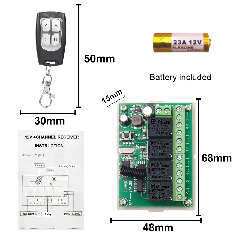 433.92MHz Wireless Remote Control Switch DC 12V 24V 5V-30V 4CH relay Receiver Module With 4 channel RF Remote 433Mhz Transmitter