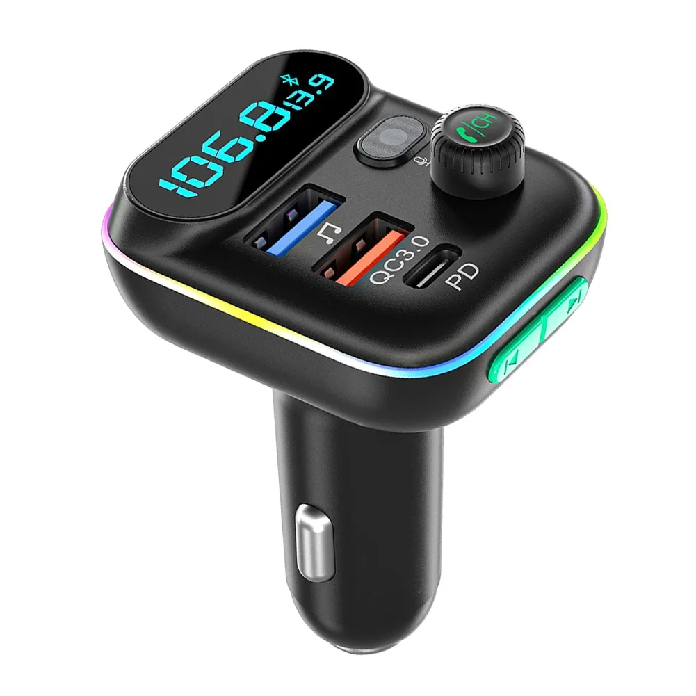 Car Fast Charge Bluetooth 5.0 FM Transmitter PD Dual Player Music Type-C Colorful Ambient MP3 Light Cigarette Lighter USB